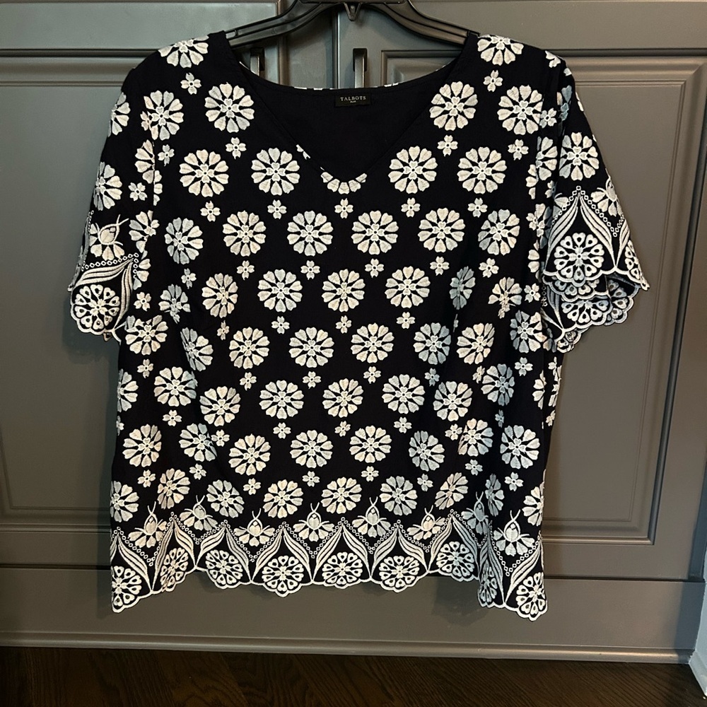 Talbots Navy and White Floral Blouse